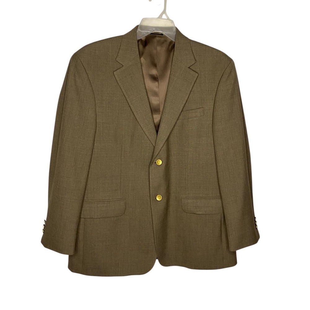 Stafford Mens 42S Blazer Brown Olive Worsted Wool Blend Gold Button Sport Coat